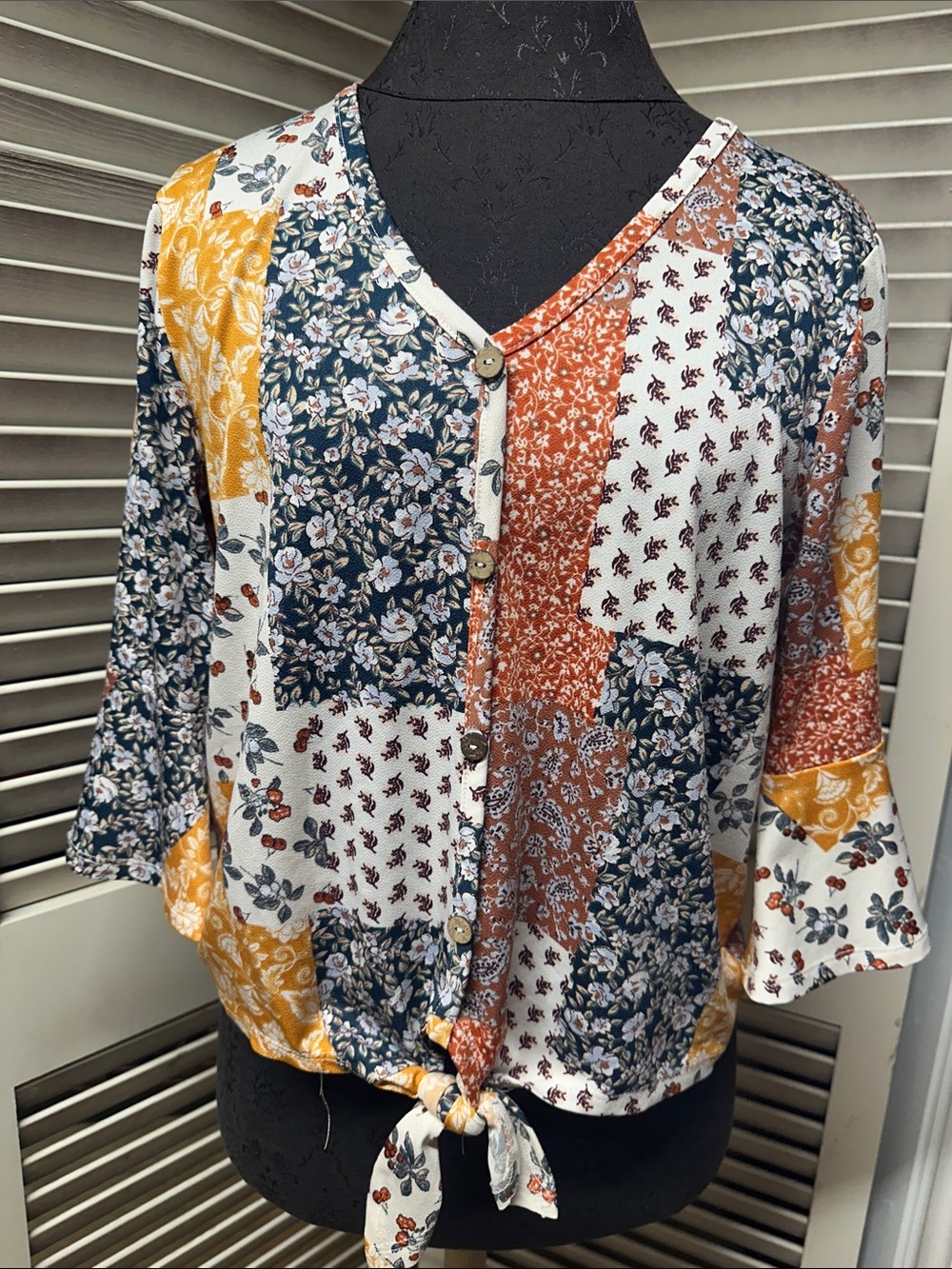 Mixed Floral Patchwork Tie-Front Women's Top - Multi